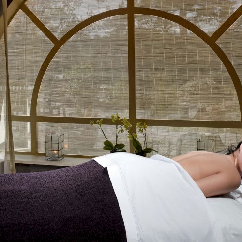 A person is lying on a massage table with white sheets in a serene room with a large, arched window and orchids in the background.